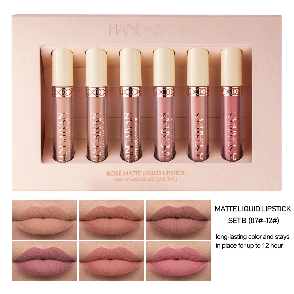 HANDAIYAN 6 Matte Rose Lip Gloss Liquid Lipstick Not Easy to Dip Cup Matte Lip Gloss Set Gift Box