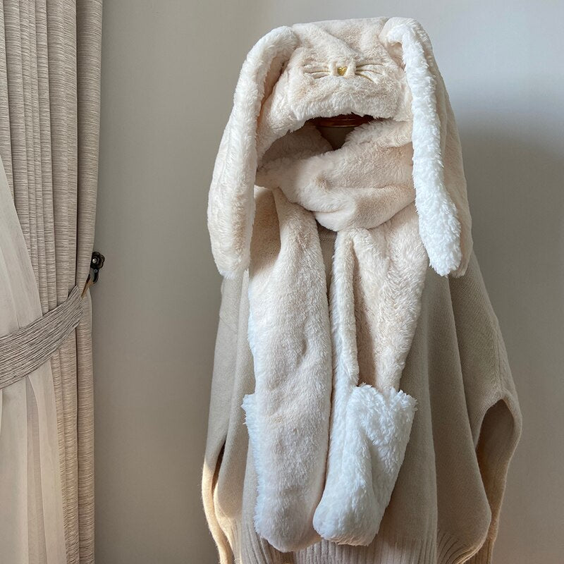 new Fashion Scarf Hat Glove 3 Piece Women cute Big Ear Bunny  Winter Warm Soft Thickening Pocket Hats  Hooded