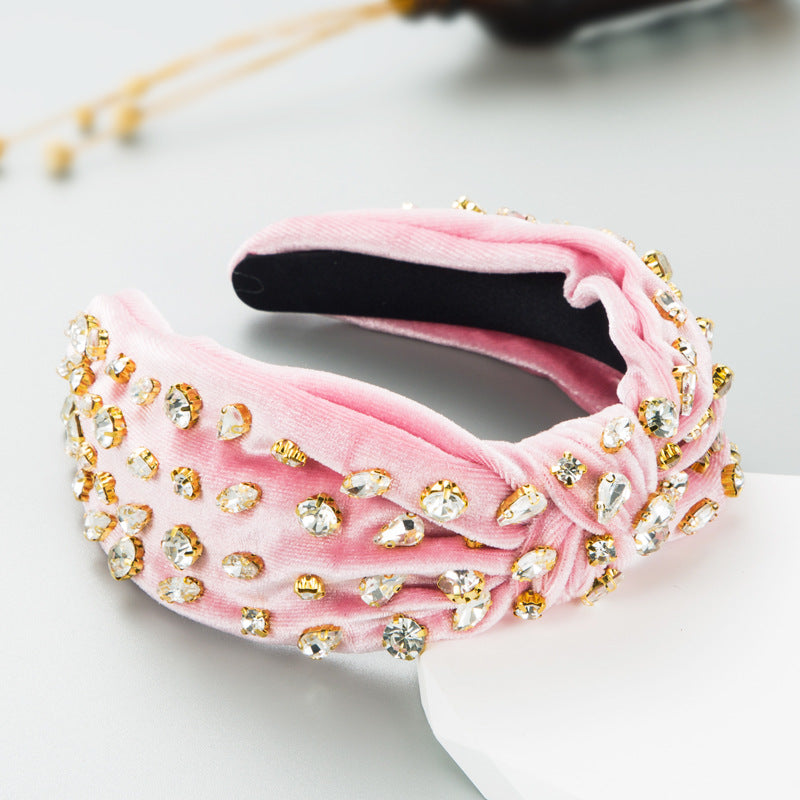 Exaggerated Fashion Hair Bands Female Corduroy Temperament Sweet Hair Ornaments Wide Side Knotted With Diamonds Headband