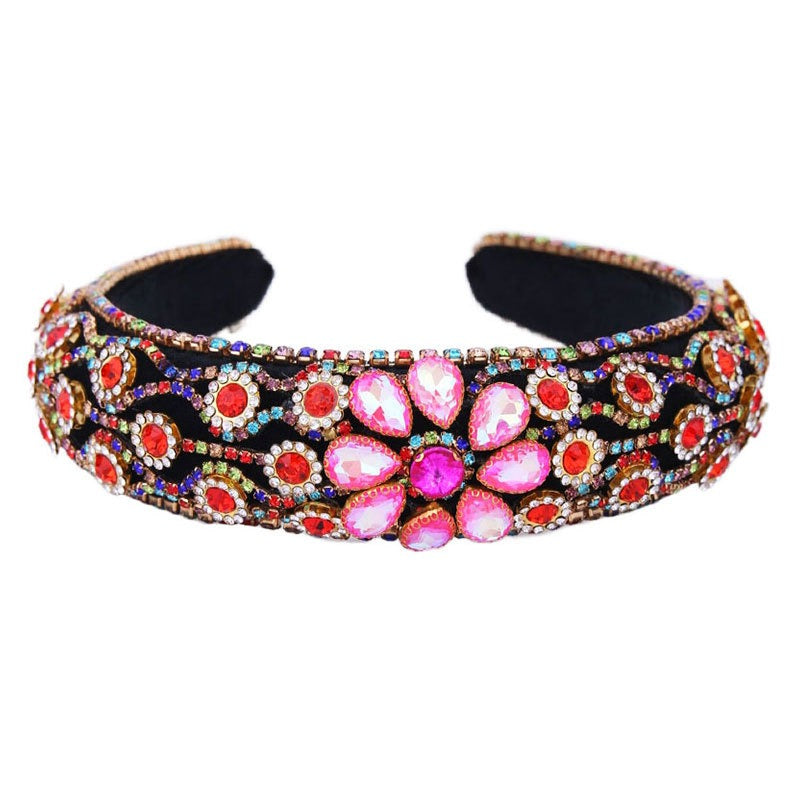 Claw inlaid colored glass diamond flower full diamond wide edge sponge head hoop