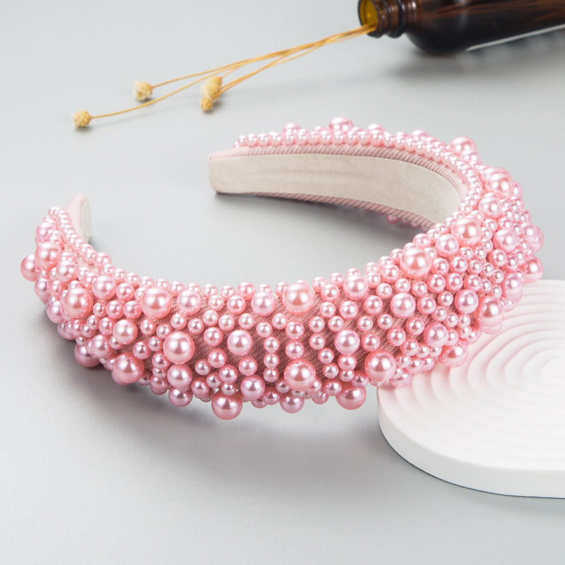 Hair Hoop Baroque Sponge Pearl Hair Accessories Women's Handmade Beaded Multicolor European and American Broad-brimmed Headband