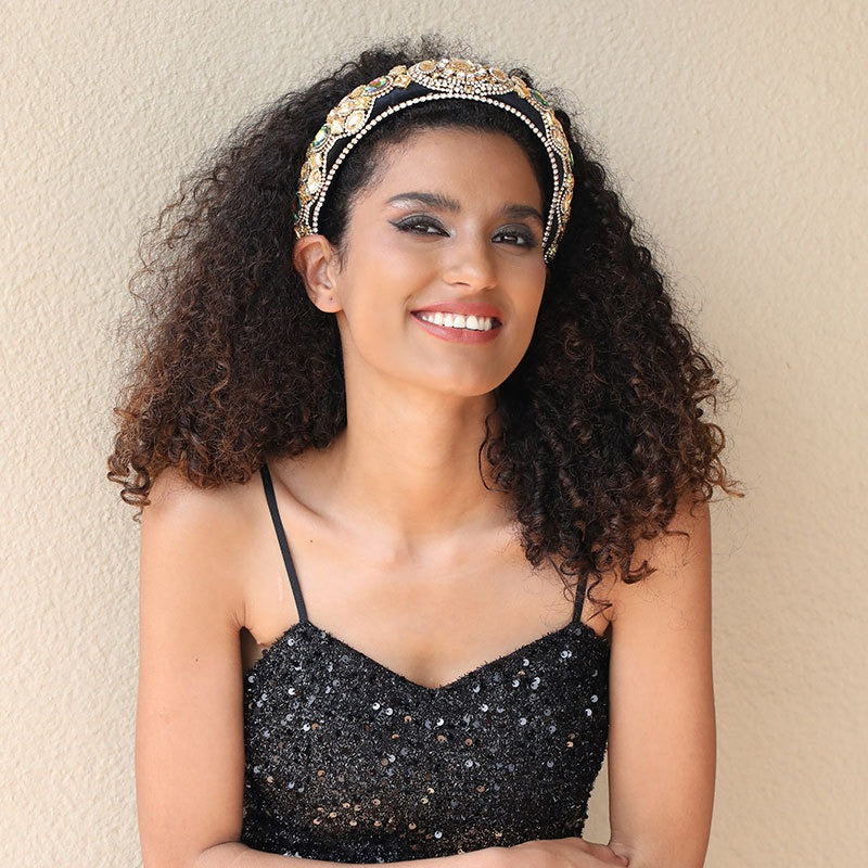 Fashionable Baroque Retro Inlaid Colored Water Diamond Sponge Head Hoop