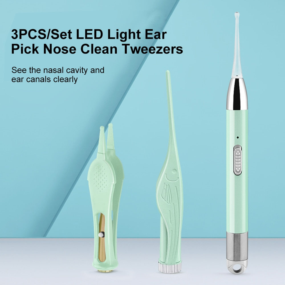 Ear Wax Removal Nose Clean Ear Cleaner Clip Baby Adults Ear Nose Clean Tweezers Remover Set LED Light Ear Pick USB Rechargeable