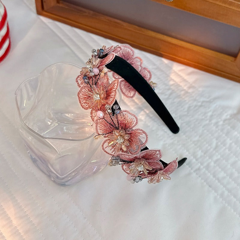 Handmade Fashion Embroidered Crystal Flower Hair Hoops for Women
