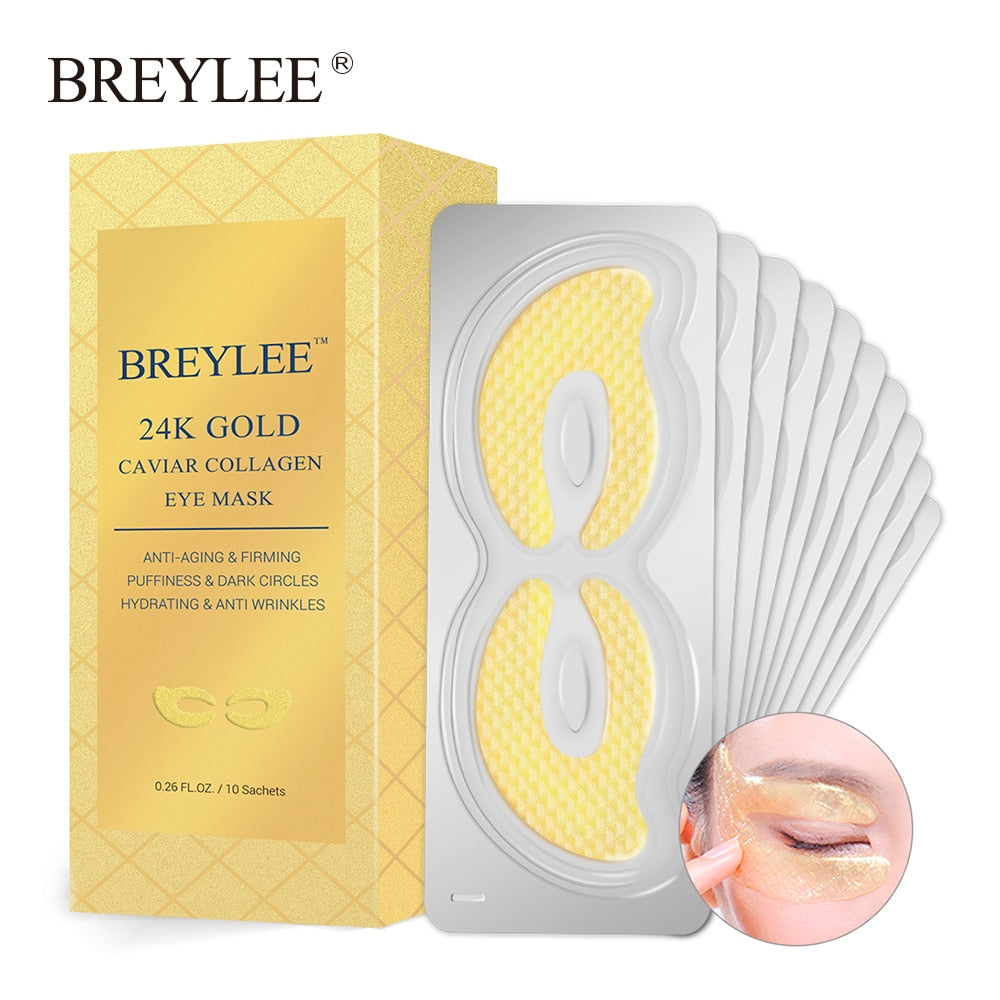 BREYLEE 24K Gold Eye Mask Caviar Collagen Essence New Style Eye Patch Anti Aging Remove Wrinkle Sheet Mask Eye Skin Care 10pairs
