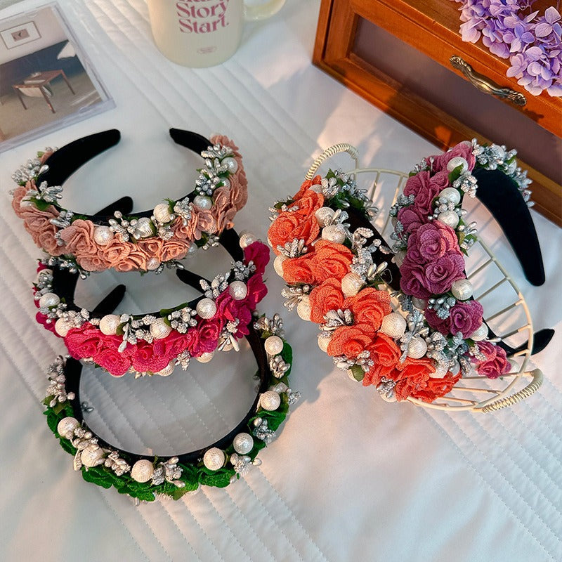 Fashionable Baroque Fabric Rose Pearl Flower Headband