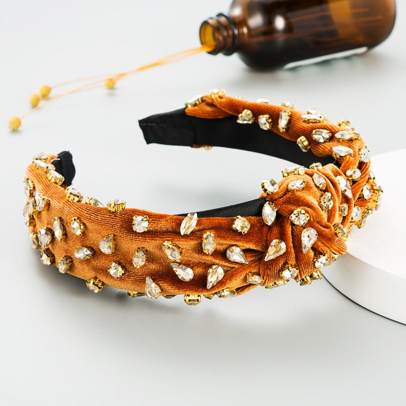 Fashionable gold velvet hand sewn full diamond hairband