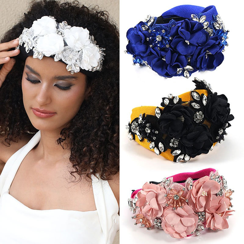 Handmade fabric three-dimensional flower embroidery hair hoop with rhinestone heavy work headband