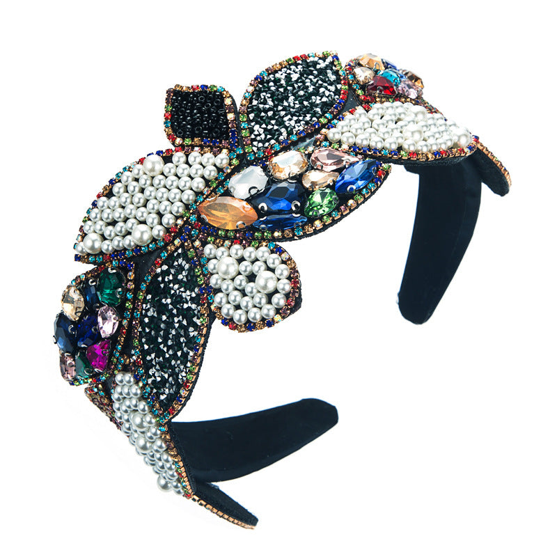 Headband Fashion Ball Rhinestone Pearl Leaf-Shaped Baroque Headband Exaggerated Wide-Brimmed Hair Accessories