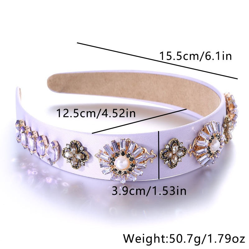 Fashionable Baroque Retro Set Water Diamond Flower Wide Edge Pearl Hair Hoop