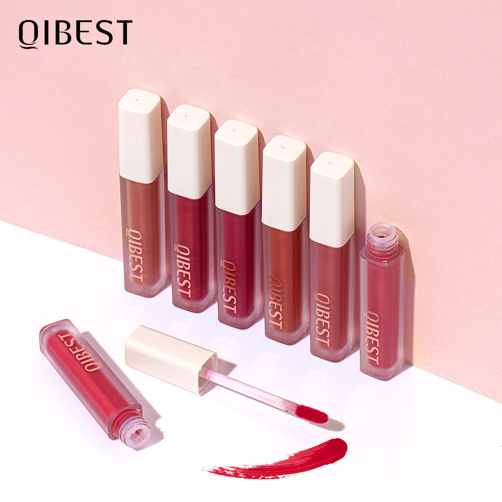 QIBEST Silky Lip Glaze Non-Stick Cup Does Not Fade Lip Gloss Makeup Color Liquid Lipstick Matte Moisturizing Lip Gloss