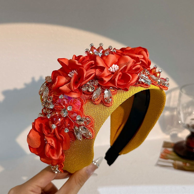 Solid color fabric flower oversized wide edged crystal headband