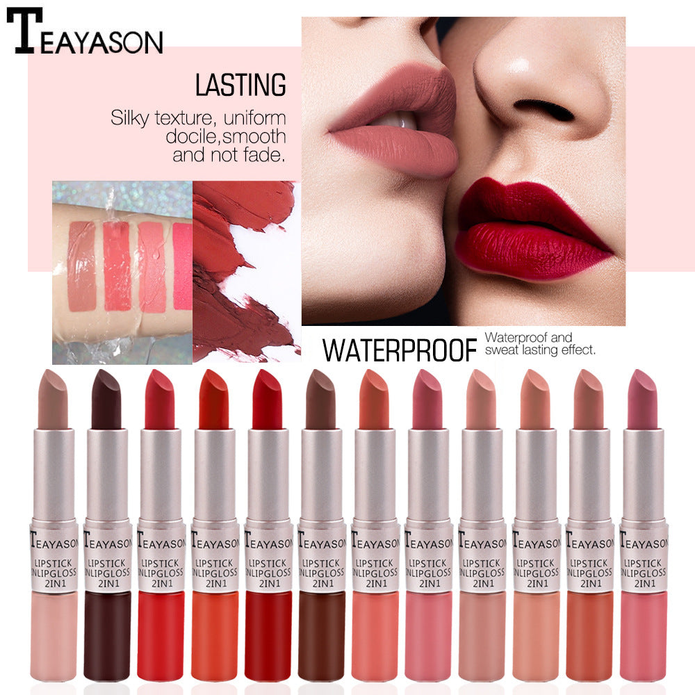 Double-Headed Non-Stick Cup Matte Matte Lip Gloss Two-In-One Matte Bean Paste Does Not Fade With Cup Lipstick Female