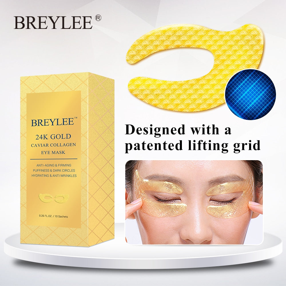 BREYLEE 24K Gold Eye Mask Caviar Collagen Essence New Style Eye Patch Anti Aging Remove Wrinkle Sheet Mask Eye Skin Care 10pairs