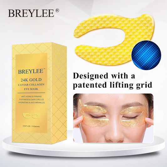 BREYLEE 24K Gold Eye Mask Caviar Collagen Essence New Style Eye Patch Anti Aging Remove Wrinkle Sheet Mask Eye Skin Care 10pairs