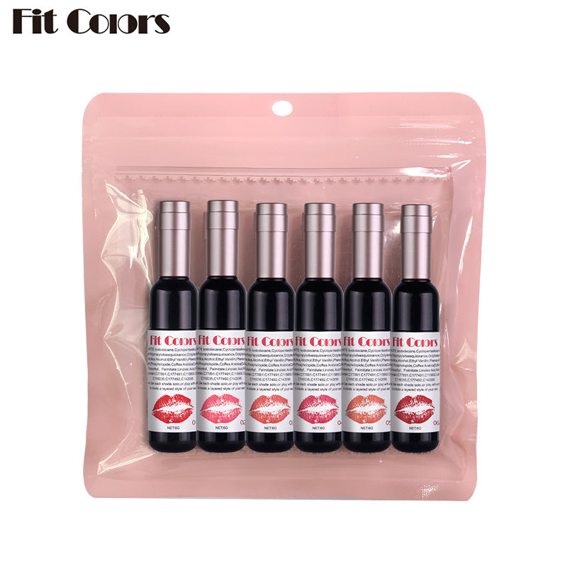 Fit Colors Red Wine Bottle Non Stick Cup Matte Lip Gloss Fog Face Velvet Lip Gloss Liquid Lipstick 6 Pcs Set