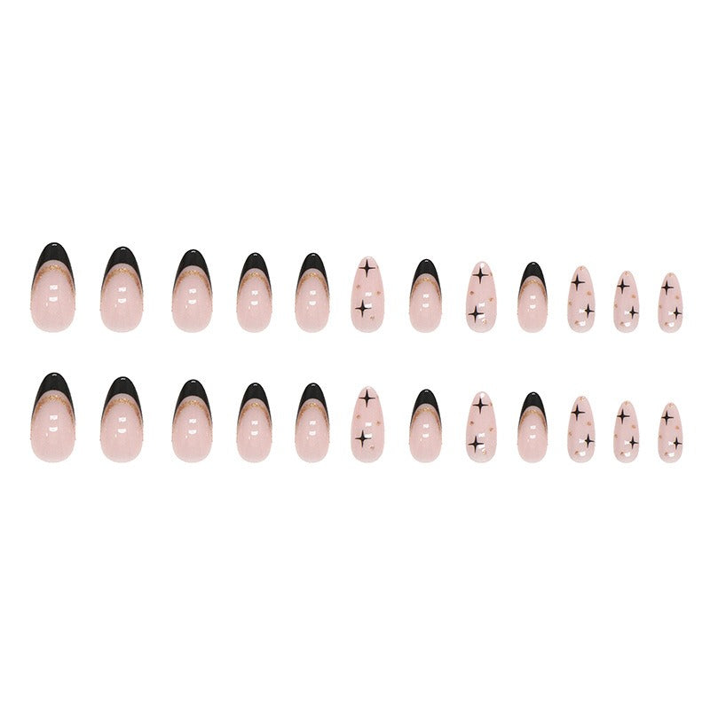 Sweet cool black French flash gold powder almond nails European and American fake nails removable nail pieces