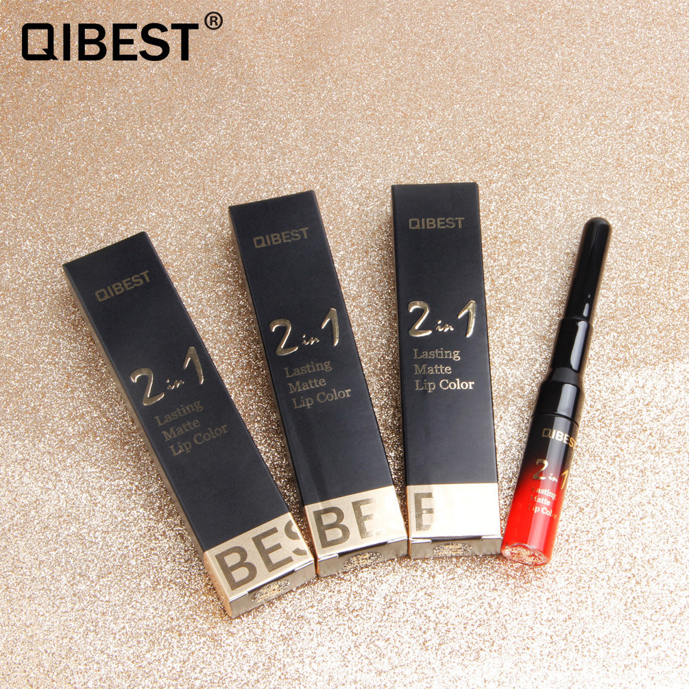 QIBEST2 In 1 Lip Gloss + Lip Pencil Matte Non Stick Liquid Lipstick Double Head Lip Gloss Pen