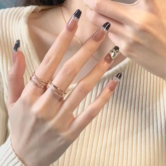 Black French Long Wearing Nail Rhinestone Love Chain Removable Fake Nail Nail Piece Nail Sticker Manicure Nail