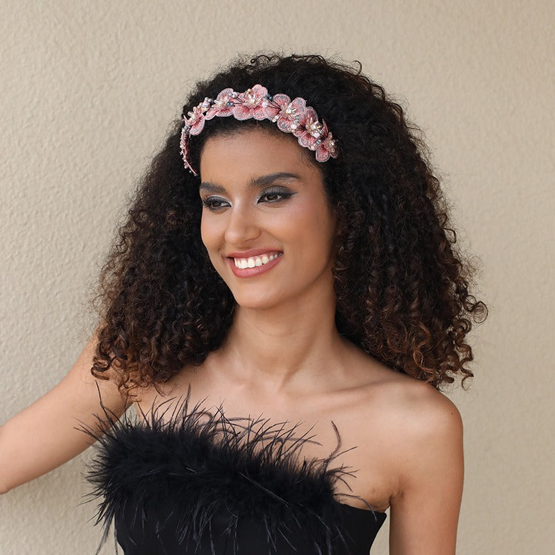 Handmade Fashion Embroidered Crystal Flower Hair Hoops for Women