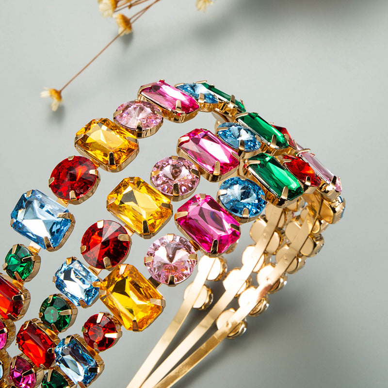 Personality Exaggerated Metal Three-Row Black And White Super Flash Glass Drill Headband Fashion Ball Bride Pressure Hair Headband Woman