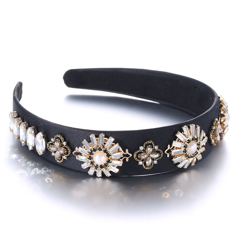 Fashionable Baroque Retro Set Water Diamond Flower Wide Edge Pearl Hair Hoop