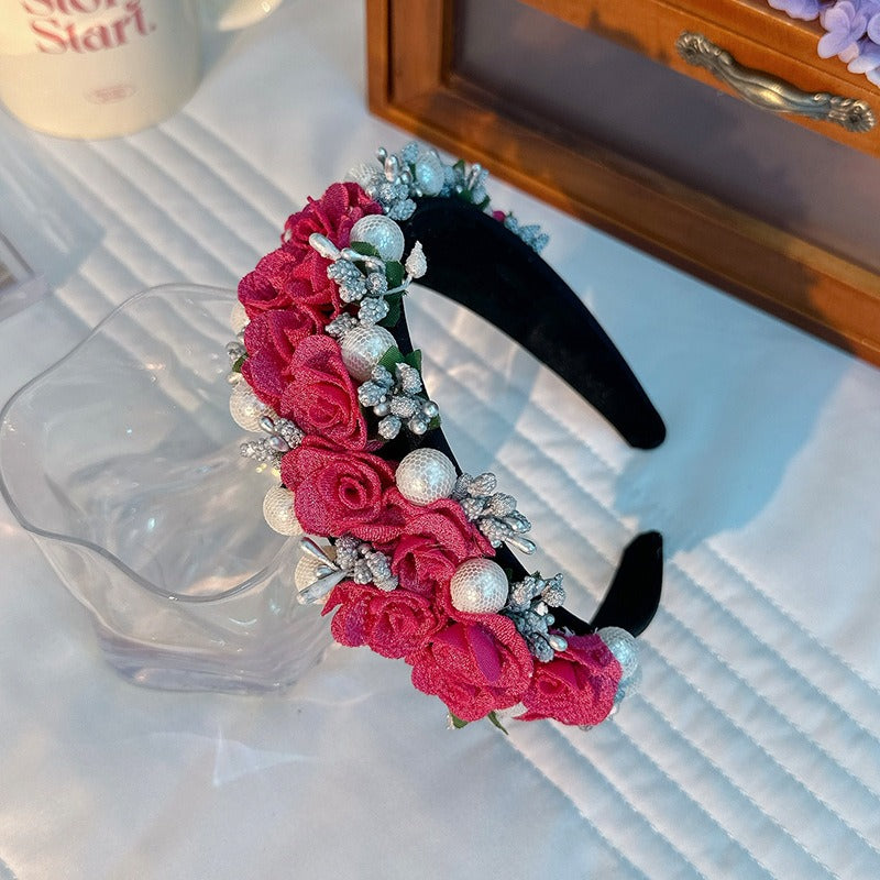 Fashionable Baroque Fabric Rose Pearl Flower Headband