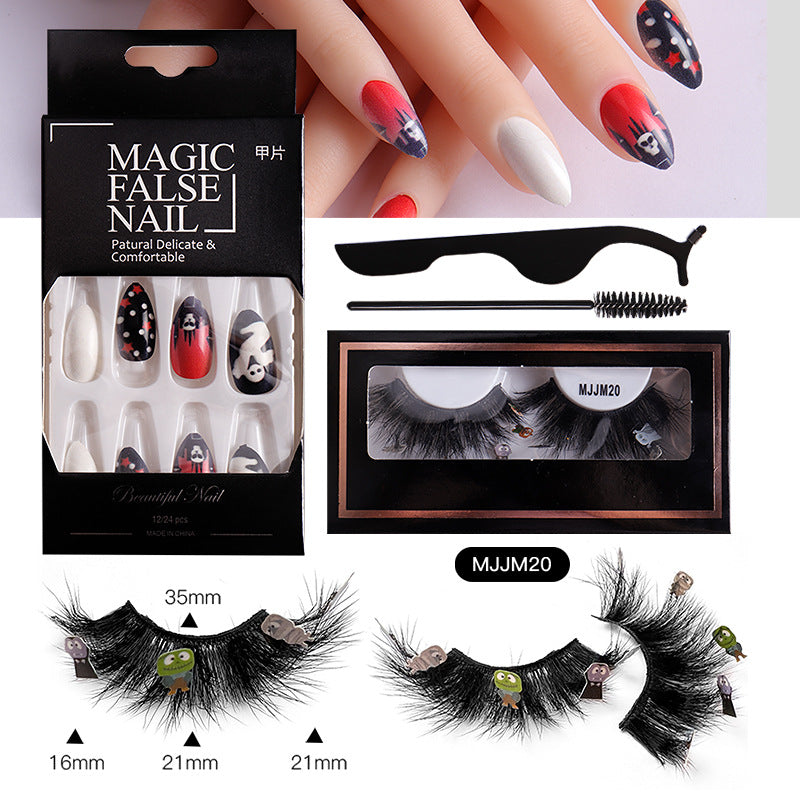 Halloween False Eyelashes Europe And America Multi-Layer Thick Messy Mink Hair Nail And Eyelash Set