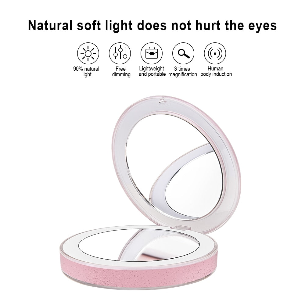 10 Lights LED Mini Makeup Mirror 1X 3X Magnify Hand Held Fold Small Portable Micro USB Connect Cable Built-in Battery Chargeable