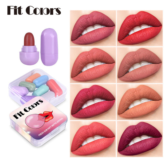 Fit Colors 8 Colors Chewing Gum Small Lipstick Matte Velvet Non-Stick Cup Mini Capsule Lipstick Set
