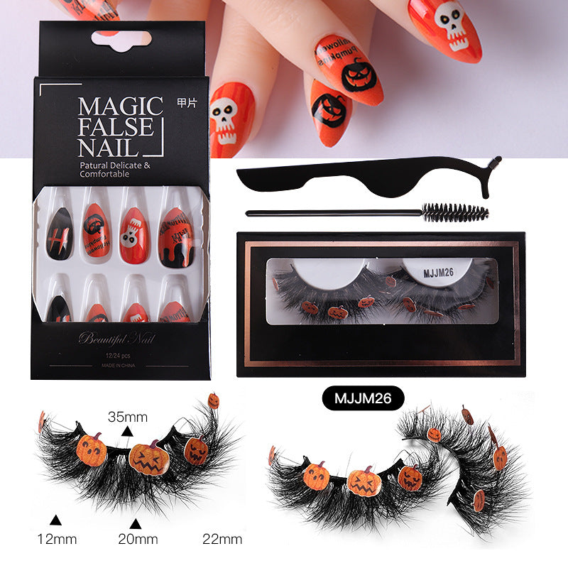 Halloween False Eyelashes Europe And America Multi-Layer Thick Messy Mink Hair Nail And Eyelash Set