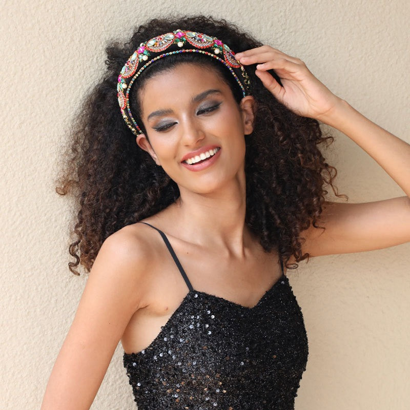 Super Sparkling Diamond Pearl Hair Hoop Baroque Retro Women's Sponge Head Hoop Headpiece