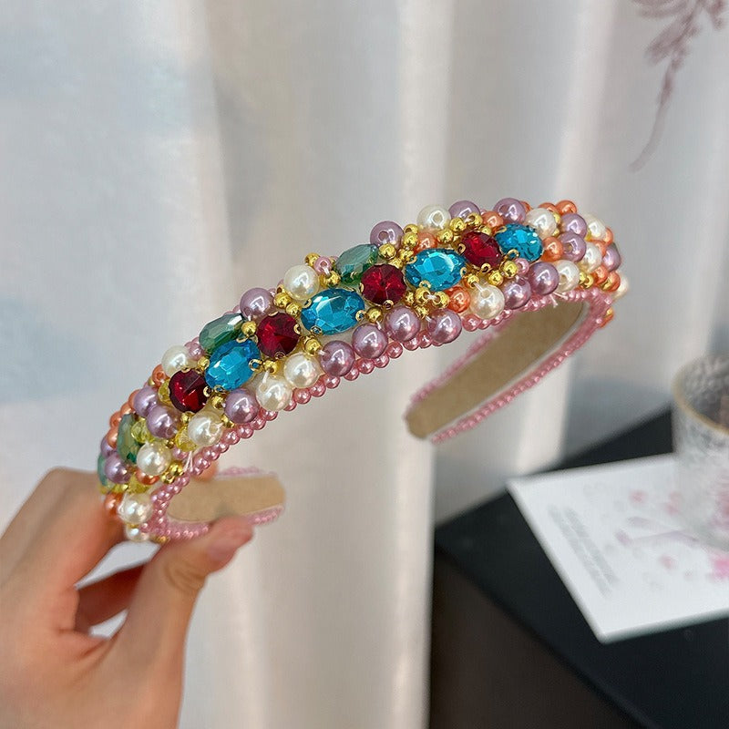 New handmade beaded crystal pearl retro exaggerated internet celebrity hot selling thin edge hair accessories