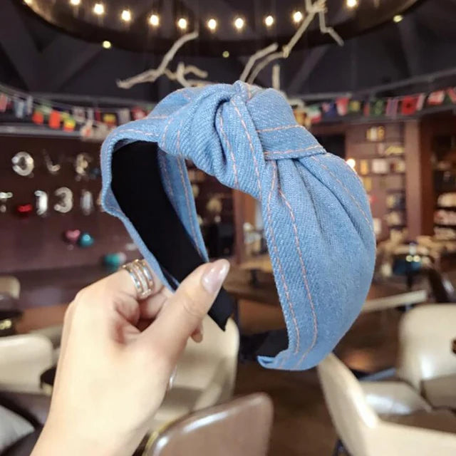 New Fashion Denim Hairband Wide Side Headband Center Knot Headwear Soft Turban Hair Accessories