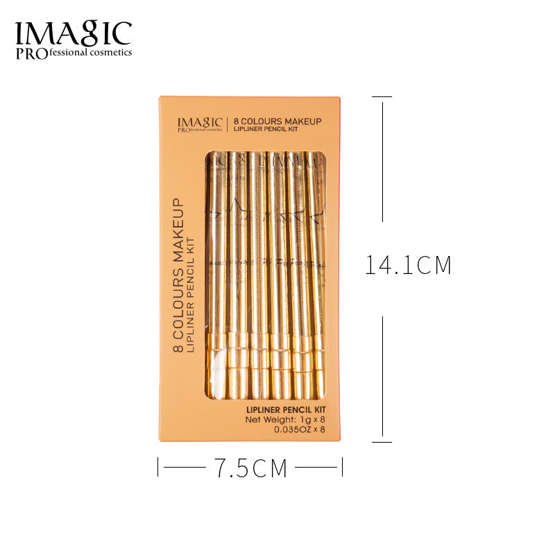 IMAGIC Makeup New Lip Liner Set Of 8 Easy To Color And Not Smudge Gold Tube Aluminum Cap Lip Liner