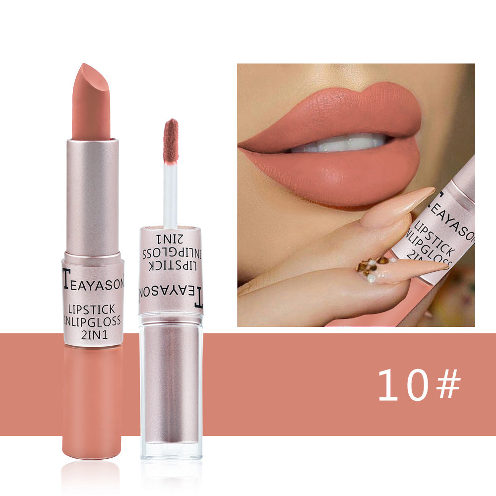 Double-Headed Non-Stick Cup Matte Matte Lip Gloss Two-In-One Matte Bean Paste Does Not Fade With Cup Lipstick Female