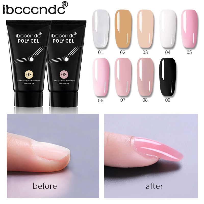 9 Colors 30g Nail Acrylic Hard Poly Gel Pink White Clear Crystal UV LED Builder Gel Tips Enhancement Quick Extension Gel Varnish