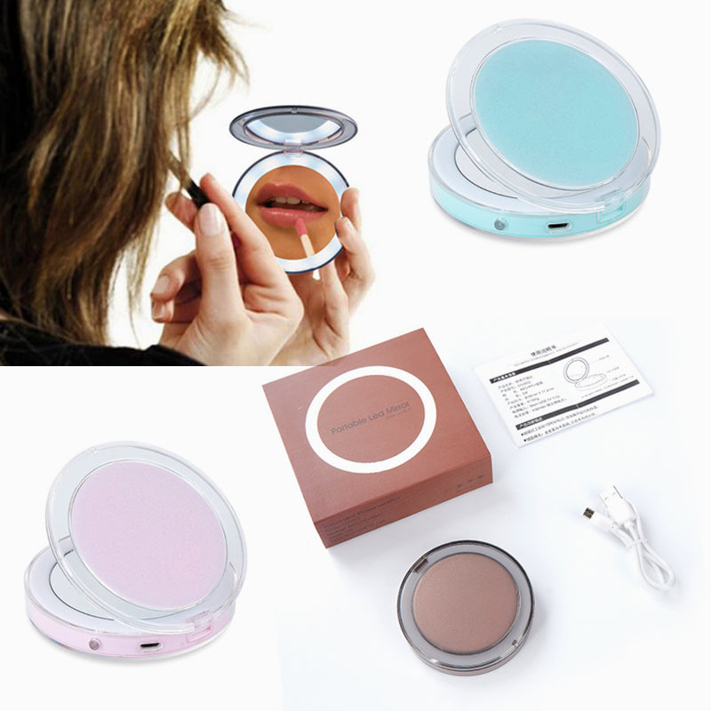 LED Lighted Mini Makeup Mirror 3X Magnifying Compact Travel Portable Sensing Lighting Touch Screen Makeup Mirror