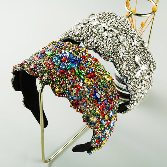 New Oversized Exaggerated Gypsophila Color Rhinestone Wide-Brimmed Headband Female Net Celebrity Fabric Personality Headwear