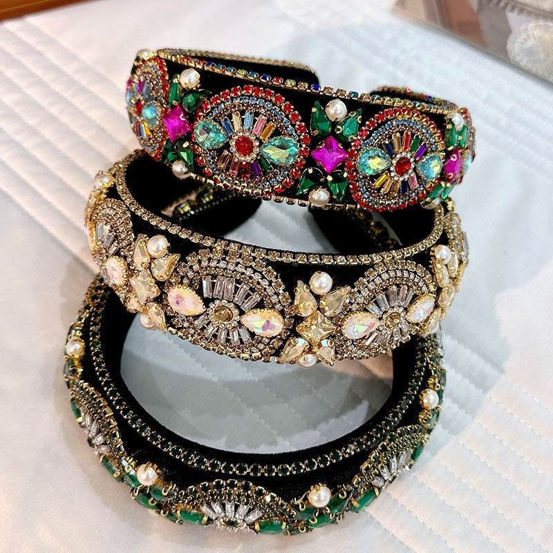 Super Sparkling Diamond Pearl Hair Hoop Baroque Retro Women's Sponge Head Hoop Headpiece
