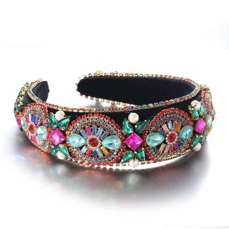 Super Sparkling Diamond Pearl Hair Hoop Baroque Retro Women's Sponge Head Hoop Headpiece