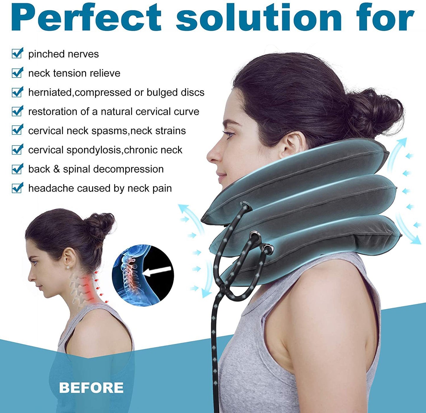 Cervical Traction Device Neck Support Pillow Inflatable Adjustable Neck Stretcher Three-Layer Inflatable Neck Pillow
