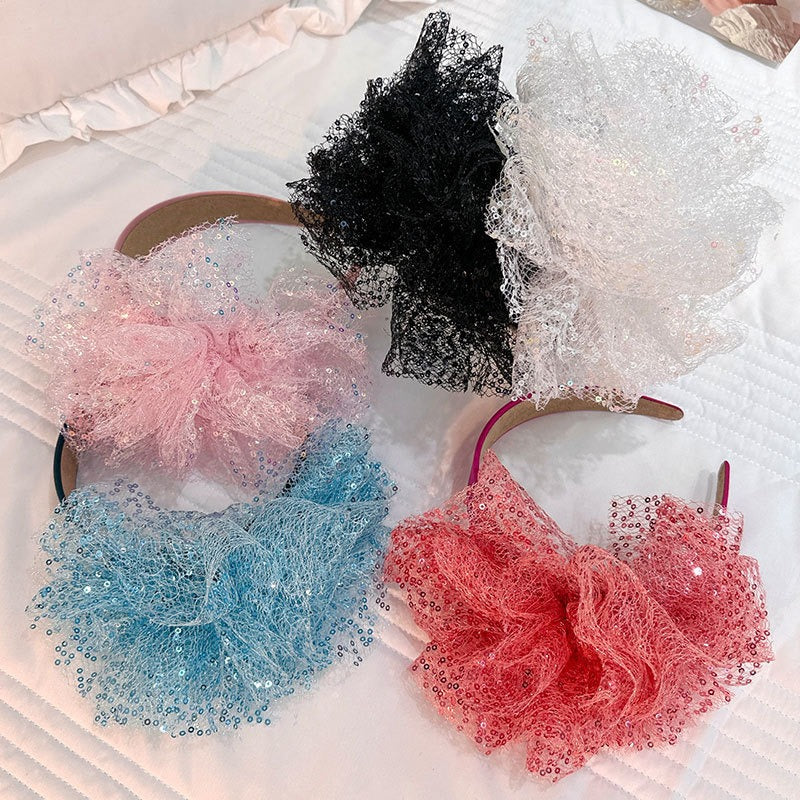 Solid color sequin flower wide edge girl style mesh headband