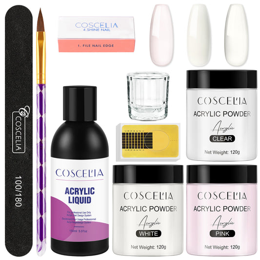 COSCELIA New 120g White Powder Transparent Crystal Powder 150ML Crystal Liquid Nail Shop Nail Tool Set