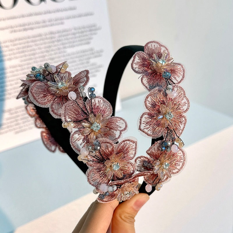 Handmade Fashion Embroidered Crystal Flower Hair Hoops for Women