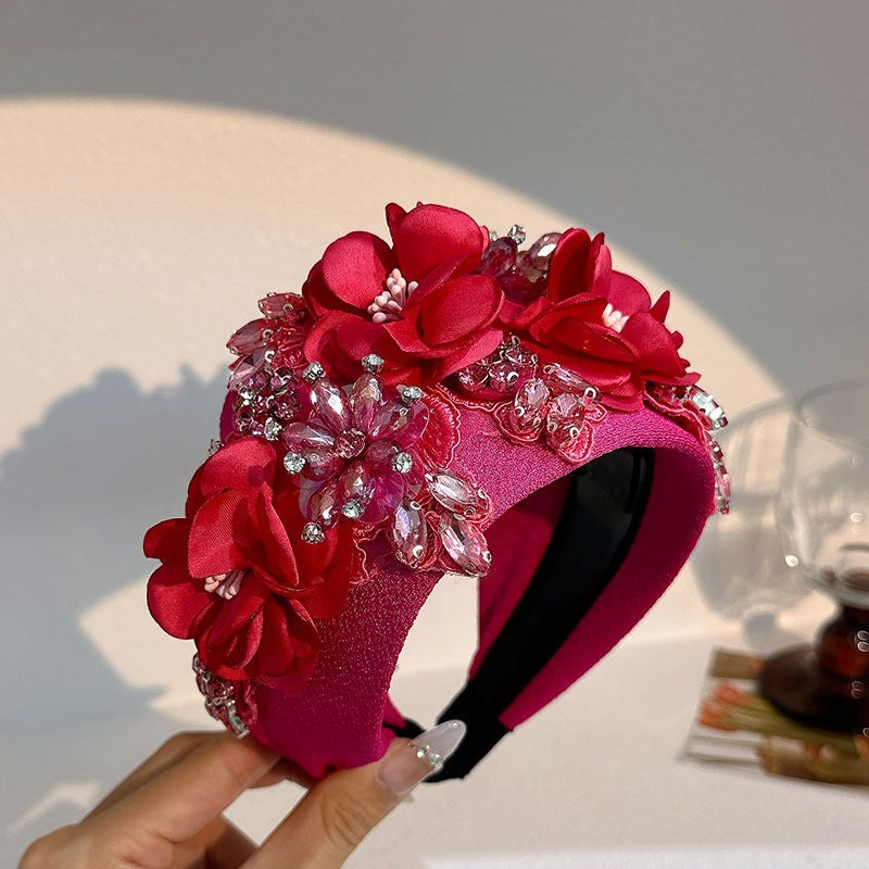 Solid color fabric flower oversized wide edged crystal headband