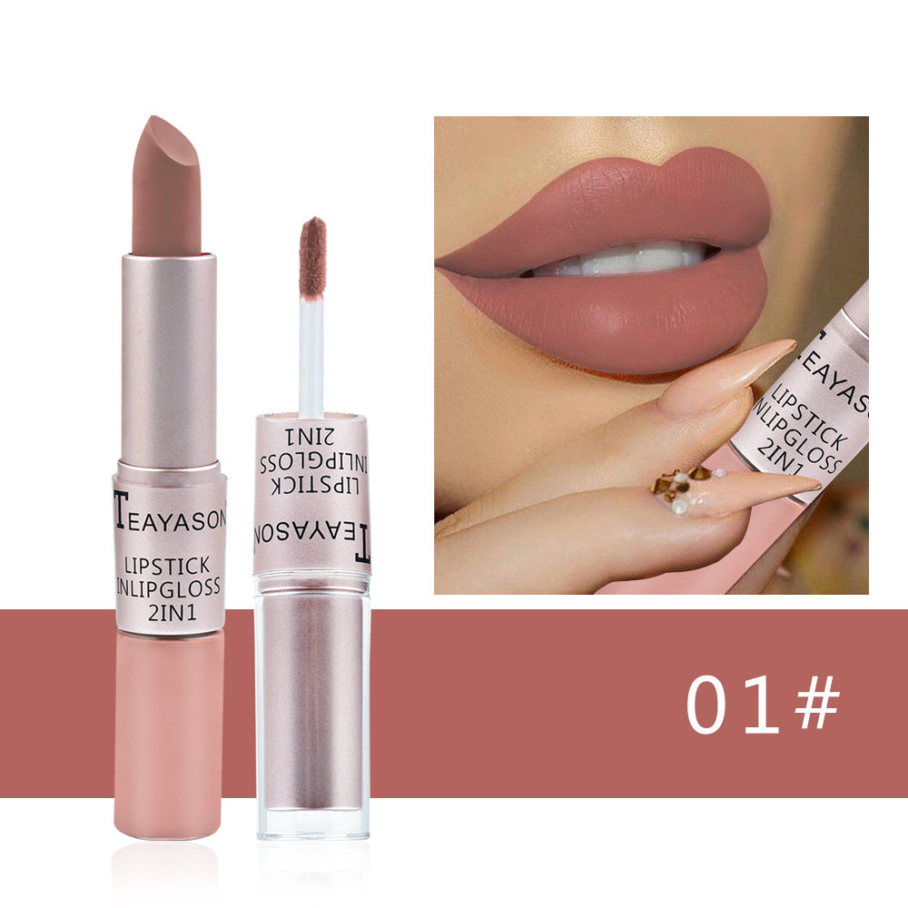 Double-Headed Non-Stick Cup Matte Matte Lip Gloss Two-In-One Matte Bean Paste Does Not Fade With Cup Lipstick Female