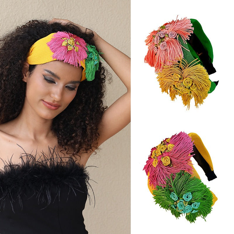 Handmade fabric flower wide exaggerated headband headwear