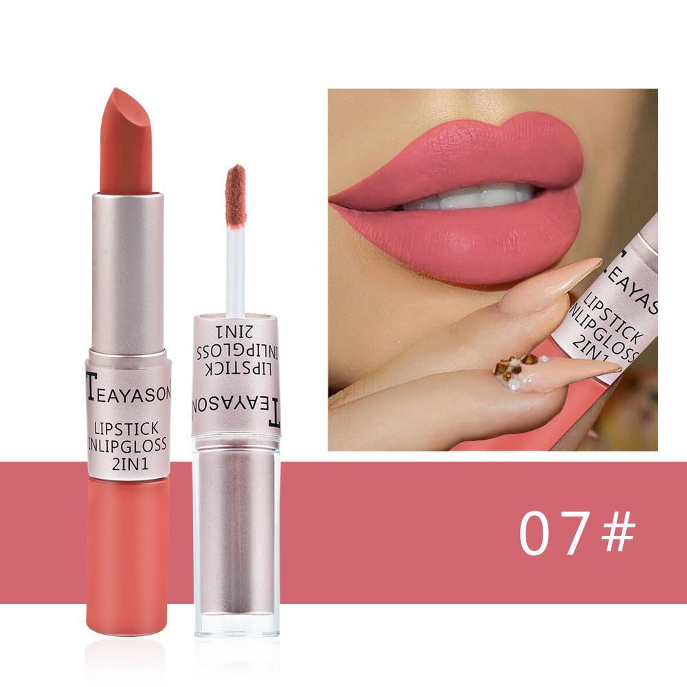Double-Headed Non-Stick Cup Matte Matte Lip Gloss Two-In-One Matte Bean Paste Does Not Fade With Cup Lipstick Female