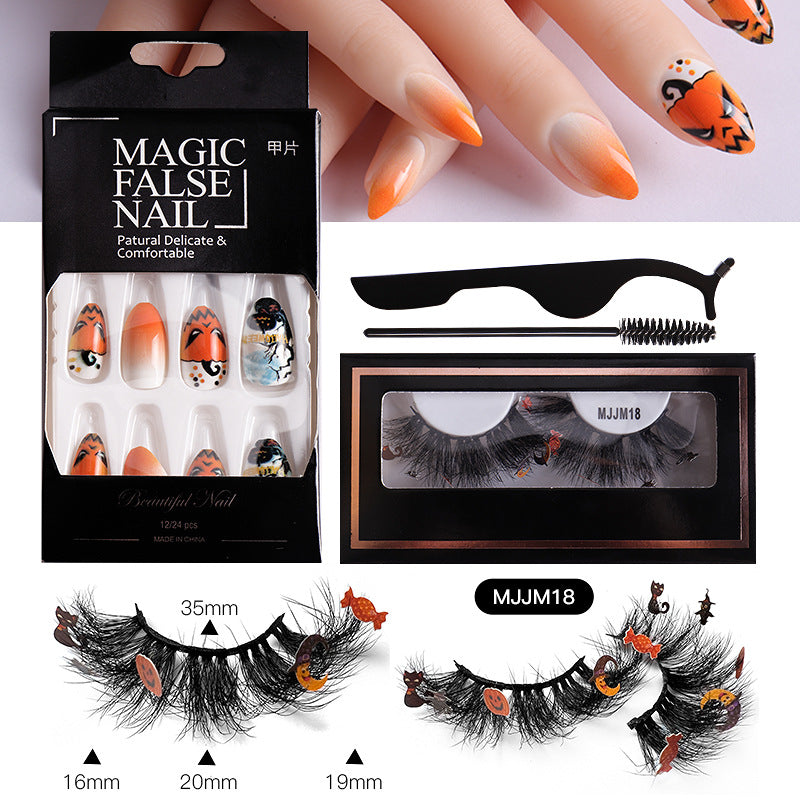 Halloween False Eyelashes Europe And America Multi-Layer Thick Messy Mink Hair Nail And Eyelash Set